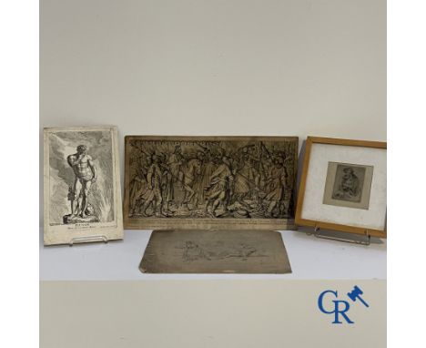 Interesting lot of 2 antique engravings, a sketch in black pencil and an etching by W. Linnig.- Pietro Candido (Pieter de Wit