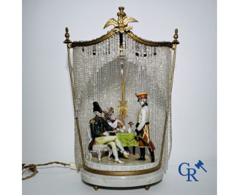 Porcelain: Saxony or Volkstedt Rudolstadt. Large lamp in German porcelain with bronze frames and glass pearls on a white marb