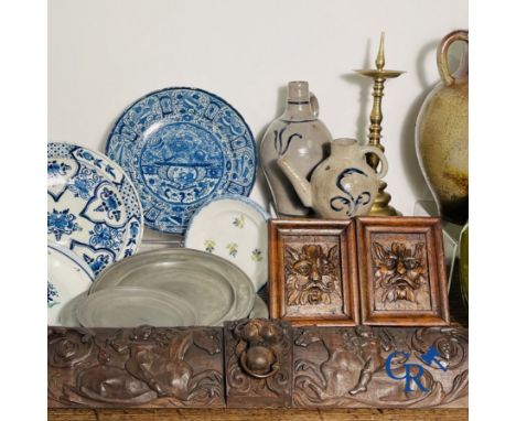 Large lot with various antiques. Wood sculptures, tin, jars, faience and a bronze candlestick. 18th - 19th century. 