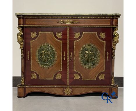 2-doors cabinet in LVI style with bronze fittings and a marble top. Height: 100 cm.Width: 124 cm.Depth: 40 cm.
