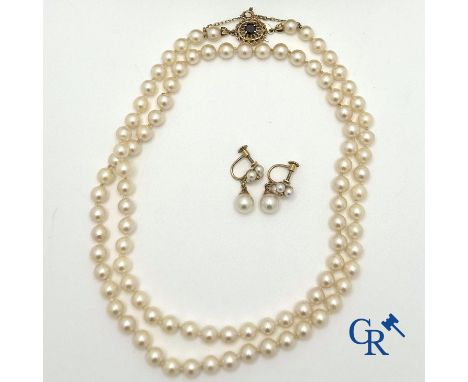 Jewellery: Lot consisting of a pearl necklace with gold clasp 18K (750°/00) set with a garnet and 93 pearls. (approx. 6 mm.) 