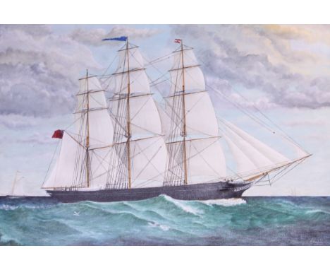 R Buckley: oil on canvas, sailing boat at sea, 28 1/2" x 41 1/2", in wood and gilt frame