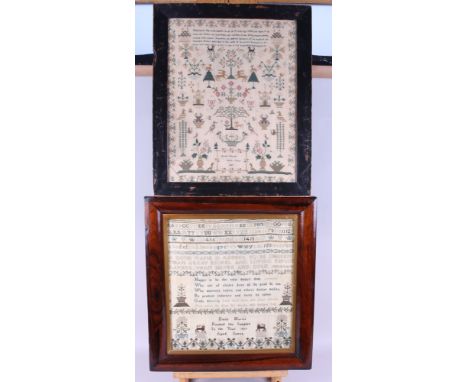 An alphabetical and numerical sampler, by Emily Harris, dated 1827, in rosewood frame, and another sampler, decorated animals