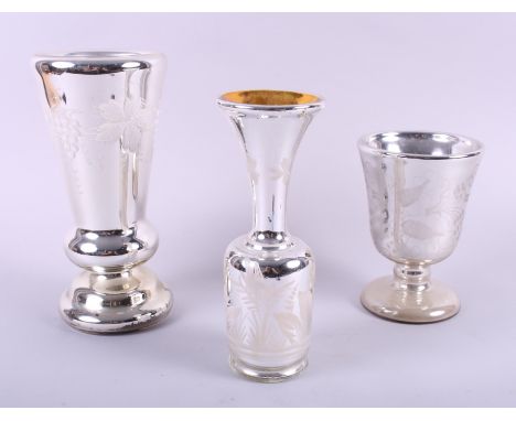 A collection of Varnish &amp; Co type silvered glassware including five vases, largest, 10 1/2" high, three goblets, largest 