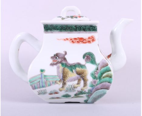 A Chinese famille vert square teapot, decorated mythical beasts and foliage, 5" high 