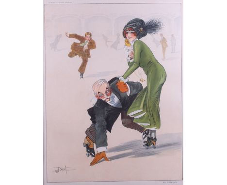 Droit?: a pair of prints, "Sauves and En Detresse", roller skaters, in marbled frames