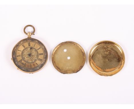 A yellow metal fob watch, the outer case stamped 18K (damages)