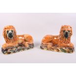 A pair of 19th century Staffordshire lions with glass eyes, 13" wide