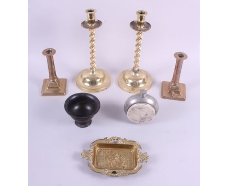 A pair of 18th century brass candlesticks, a pair of barley twist candlesticks, a brass dish, a pewter hip flask and a metal 