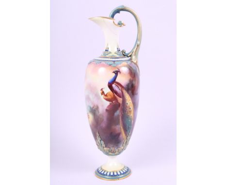 A Royal Worcester early 20th century hand-painted and gilt porcelain ewer, decorated peacocks, signed C V White, 11" high (da
