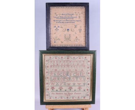 An alphabetical and numerical sampler by Ann Hawkins, dated 1784, 12" x 12", in green frame, with another sampler, decorated 