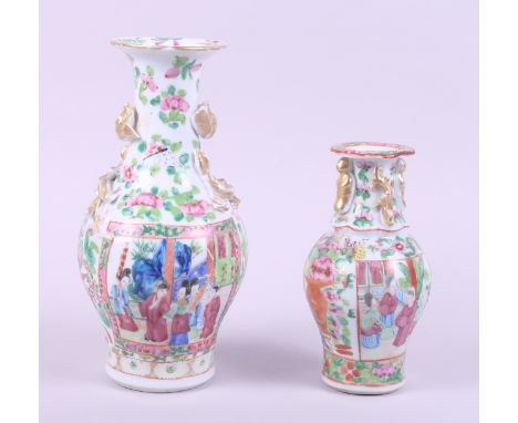 A 19th century Canton enamel baluster vase, decorated two panels of figures, 6" high, and a similar larger, 9" high (damages)