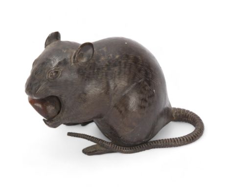 A Chinese patinated bronze rat holding a nut, length 15cm, height 9.5cmGood condition 