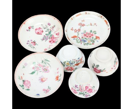3 Chinese white glaze porcelain tea bowls and saucers, with painted flowers, largest bowl diameter 7.5cmLargest bowl has 2 ve