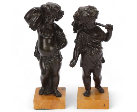 Pair of 19th century patinated bronze Classical putti sculptures, unsigned, on coloured marble bases, height 21cmGood origina