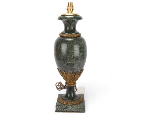 A large Victorian green marble urn-shaped vase, with gilt acanthus leaf metal mounts, later converted into table lamp, height