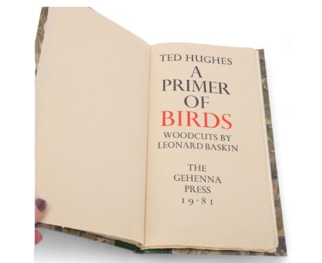 A Primer of Birds, Ted Hughes, woodcuts by Leonard Baskin, Pub. Gehenna Press, 1981. 1st ed. Tall octavo (11" x 6"). Marbled,