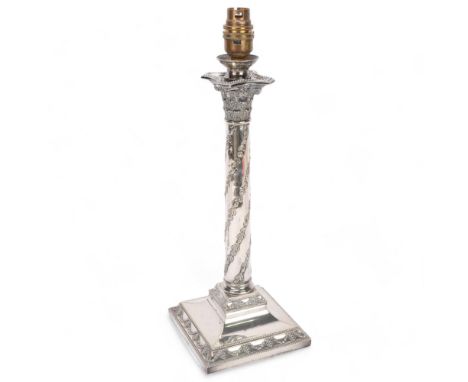 A 19th century electroplate Classical column table lamp, with relief cast decoration, height including fitting 38cm 
