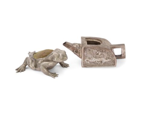 Small Chinese metal teapot with relief dragon panels (no lid), and a Chinese metal frog pin cushion with seal mark (2), frog 