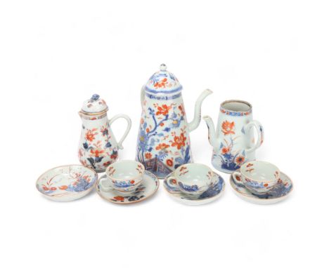 A group of Chinese 18th century Imari porcelain, comprising a large tapered chocolate pot with side-pouring handle, height 22