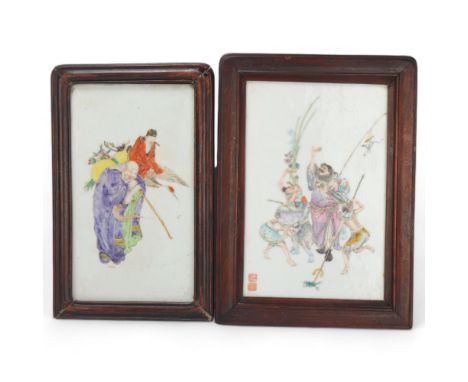2 similar Chinese porcelain plaques with hand painted enamel figures, 1 with seal mark, both in stained wood frames, largest 