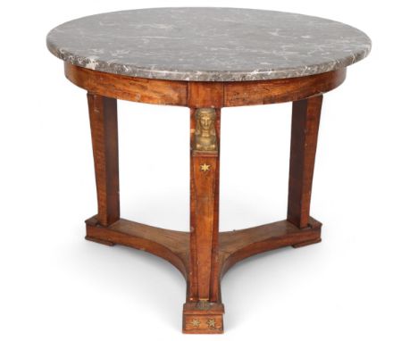 19th century French Empire centre-standing circular hall table, grey marble top supported by 3 pilasters, with Classical fema