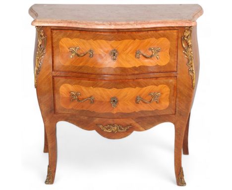 A French kingwood veneered and satinwood strung commode chest of two drawers, with ormulu rococo mounts and marble top, heigh