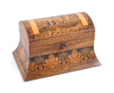 A mid-19th century dome-topped Tunbridge Ware rosewood tea caddy, with pictorial dome depicting Bayham Abbey, length 26cm, he
