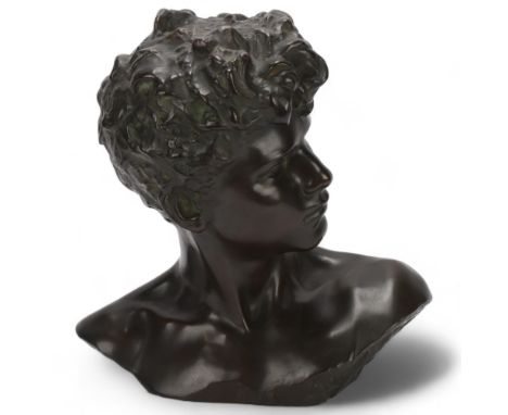 Godefroid Devreese (1861 - 1941), bust of David, life-size patinated bronze sculpture, signed on reverse, height 38cmGood ori