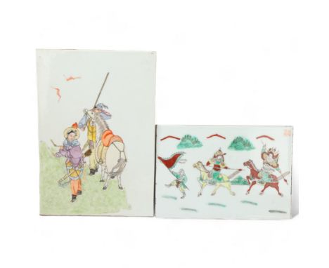 2 Chinese porcelain plaques with hand painted enamel figures with horses, 1 with seal mark, largest dimension 32cm x 22cmBoth