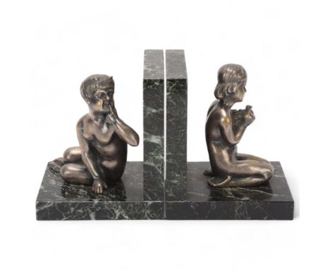 Henry Fugere (1872 - 1944), pair of green marble bookends surmounted by silver patinated bronze figures of children, height 1