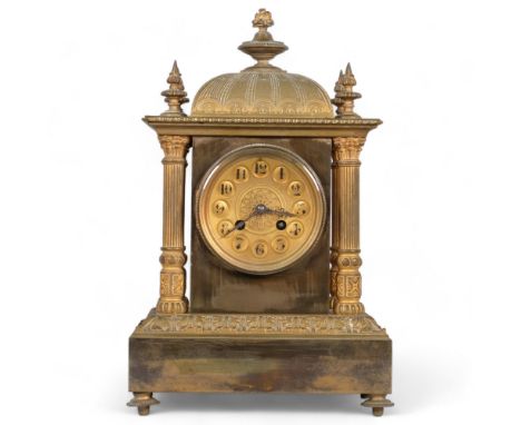 A French 8-day brass architectural mantel clock, with Corinthian pillars to 4 corners, striking on a gong, with pendulum, hei