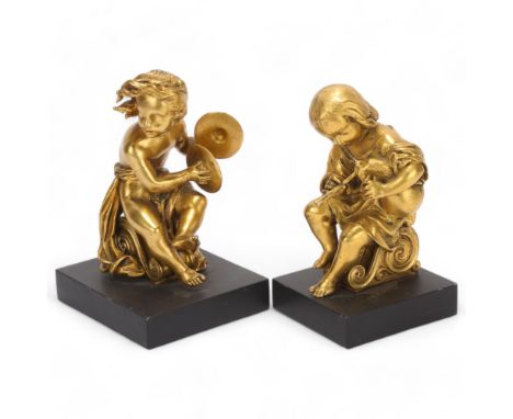 Pair of 19th century gilt-bronze musical putti sculptures, unsigned, on black marble plinths, height 15cmGood original condit