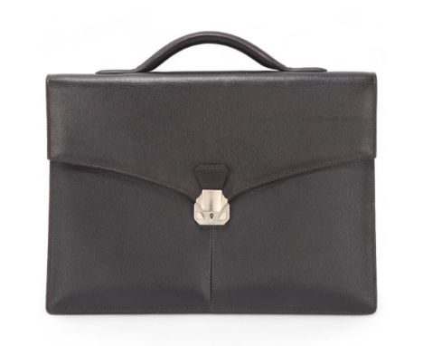 A Dunhill dark brown Scotch grain leather briefcase, Italian made, 2 interior compartments, original key fob to interior, cir