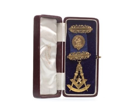 NINE CARAT GOLD MASONIC DIAMOND SET MEDAL, the square and compass motif 50mm high, with personal inscription to the reverse, 