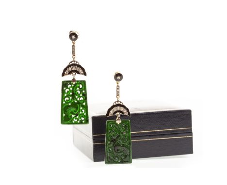 PAIR OF JADE, ENAMEL AND DIAMOND EARRINGS, each with a carved jade panel 28mm high, suspended from a black enamel and diamond