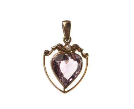 OPAL PENDANT, 35mm high excluding bale, suspended from a shell motif bale, marked 10ct; along with a purple gem set heart sha