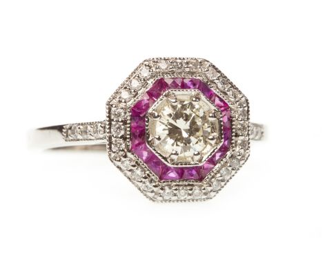 RUBY AND DIAMOND RING, the round brilliant cut diamond of approximately 0.31 carats, within a halo of calibre cut rubies bord