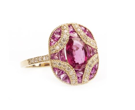 RUBY, PINK SAPPHIRE AND DIAMOND RING, the oval Burmese ruby with accompanying WGI report number WGI9624116805 stating the sto