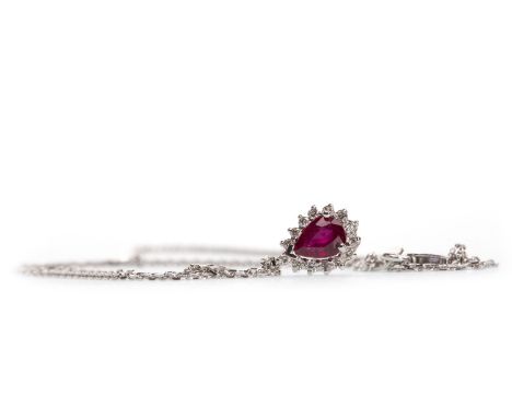 RUBY AND DIAMOND CLUSTER PENDANT, the pear shaped ruby within a halo of round brilliant cut diamonds, the diamonds totalling 