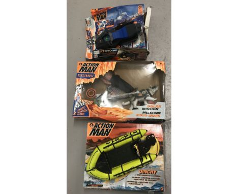 3 boxed 1990's Hasbro Action Man playsets. Electronic Polar Mission, Dinghy with motorised outboard engine and Scuba Ski.