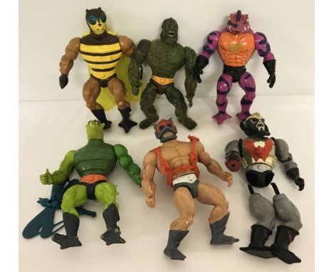 A group of 6 early 1980's mattel, Masters of the Universe 5" action figures. Comprising: MechaGeezer, Buzz Off, Moss Man (som