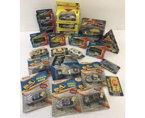 A box of assorted vintage blister packed and boxed diecast cars in vehicles. To include Matchbox Superkings K-90 Matra Rancho