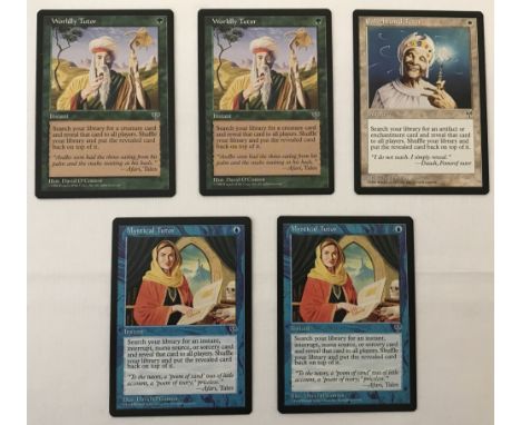 5 Magic the Gathering Trading Cards: "Enlightened Tutor", "Worldly Tutor" x 2, "Mystical Tutor" x 2 - Mirage Set, 1996.