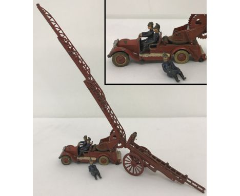 Unboxed Taylor &amp; Barrett pre war Turntable ladder fire engine together with Fire Escape &amp; 3 firemen. Turntable fire e