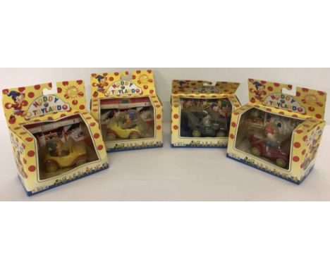 Four boxed Noddy In Toyland character vehicles by Lledo. Comprising : 2 Noddy's car, one with black windscreen one with grey 