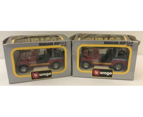 2 boxed Burago diecast model Renegade Jeep CJ-7 scale 1/24 vehicles. Cod. 0198.