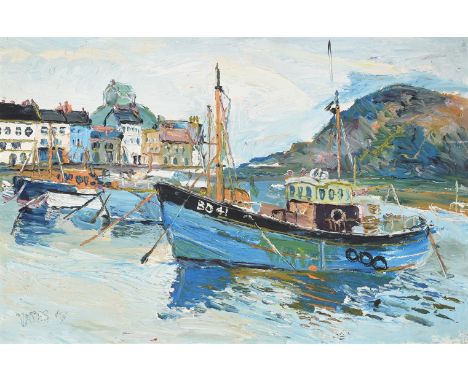 λ FRED YATES (BRITISH 1922-2008)BOATS ANCHORED AT THE SHORE Oil on board Signed and dated 67 (lower left)46 x 69cm (18 x 27 i