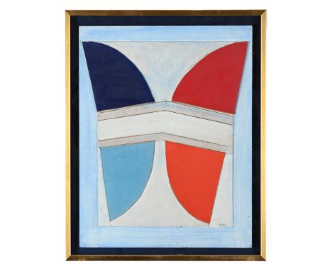 λ TERRY FROST (BRITISH 1915-2003)UNTITLED (RED, BLACK, BLUE, ORANGE)Acrylic and collageSigned (lower right); inscribed Banbur