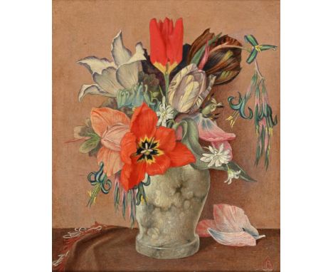 λ MAXWELL ASHBY ARMFIELD (BRITISH 1882-1972)SEVEN TULIPSOil on gesso prepared board Signed with monogram (lower right)31.5 x 
